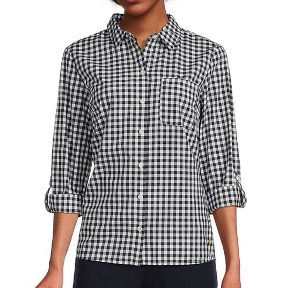 Tommy Hilfiger gingham roll tab big monogram pocket button down top size medium
